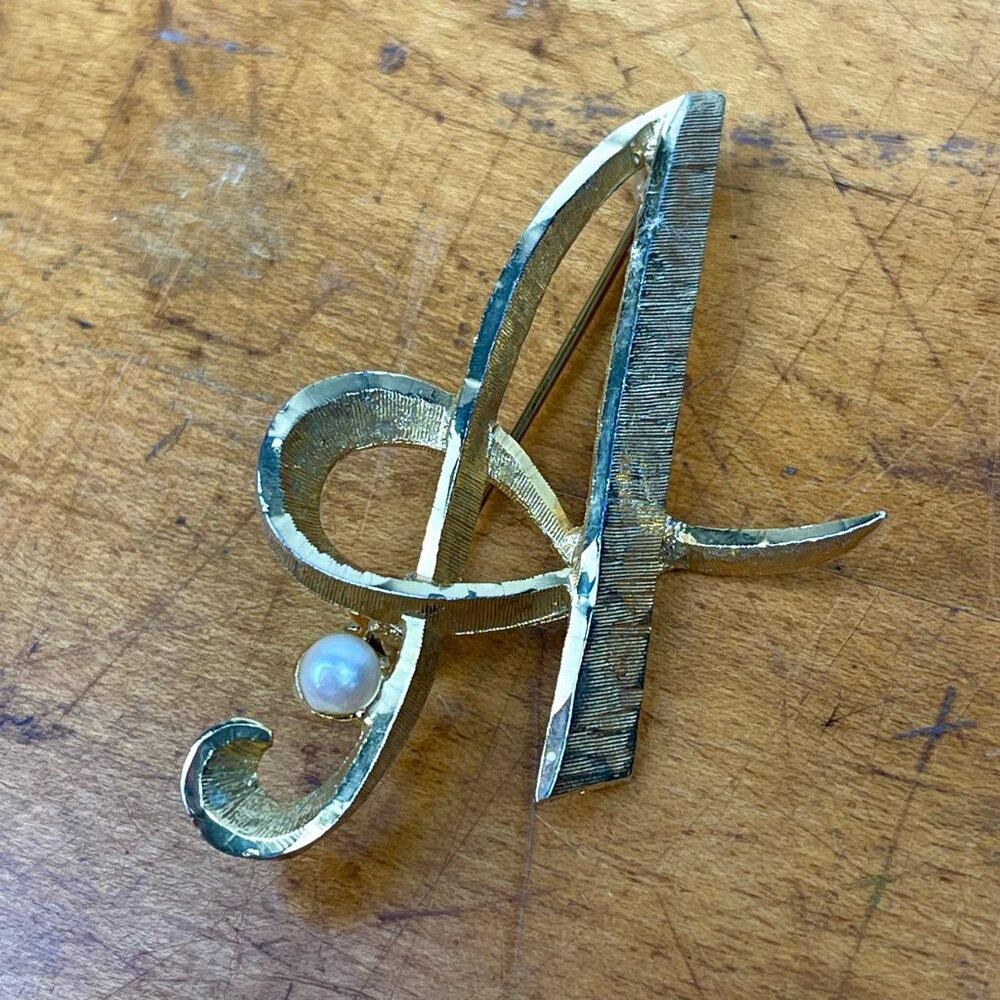 Vintage Marseille Signed Estate "A" With Pearl Brooch Pin